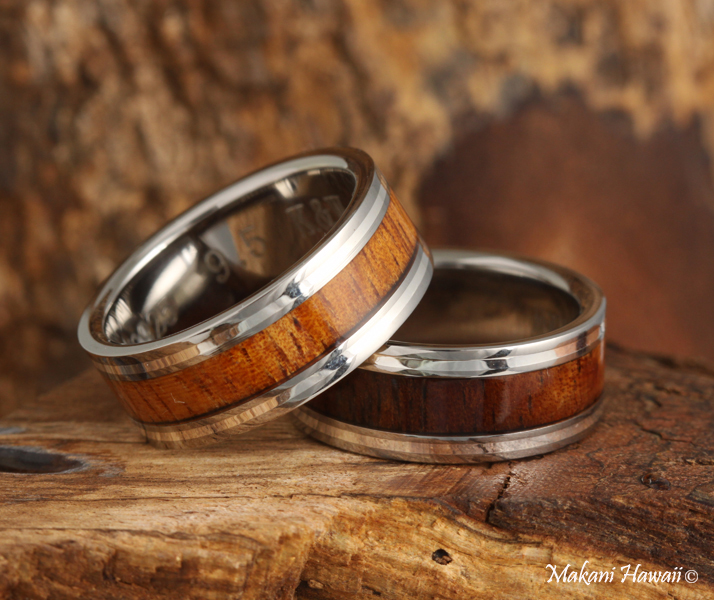 Hawaiian Jewelry 8mm Titanium Koa Wood Inlaid Wedding Ring Makani Hawaii 